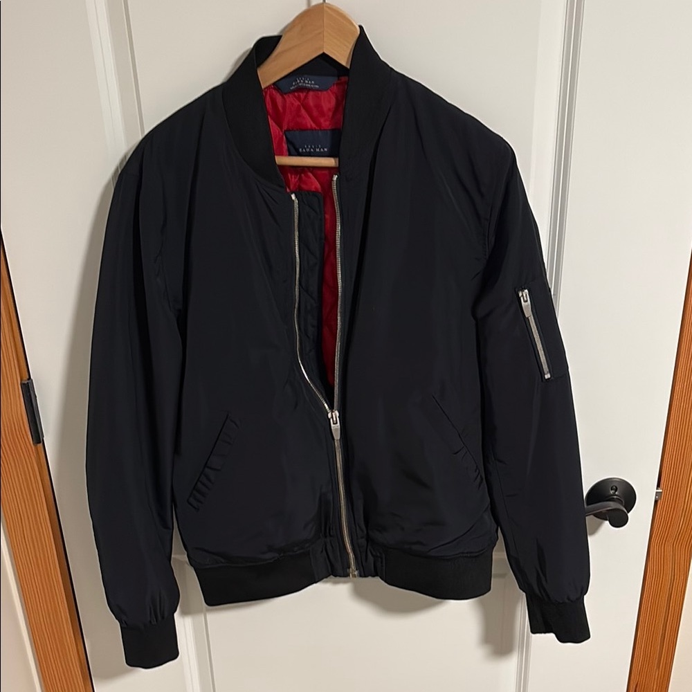 Zara Black Bomber Jacket with Red Lining.